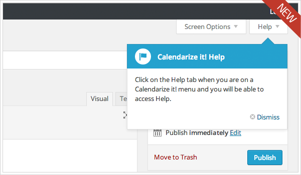 Calendarize it! WordPress Pointer showing location of Calendarize it! Help after installed and turned on.